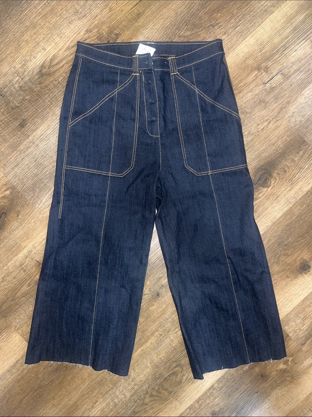 cinq a sept benji Dark Indigo Denim cropped Pants with Gold Topstitching